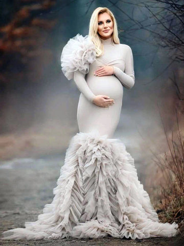 Mqtime Elegant Spandex Mermaid Maternity Dresses for Pregnant Woman Tiered Tulle Bottom Maternity Gowns Babyshower Dress Photoshoot